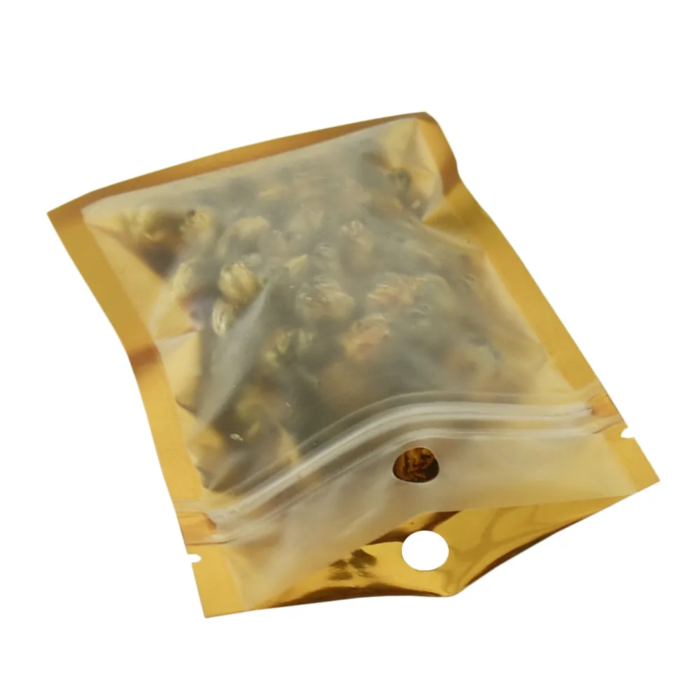 10 18 cm matt klart dragkedja blixtlåsspåsar guld aluminium folie plastpaket påse med hänghål mat livsmedelsbutik show förpackning pouches311h