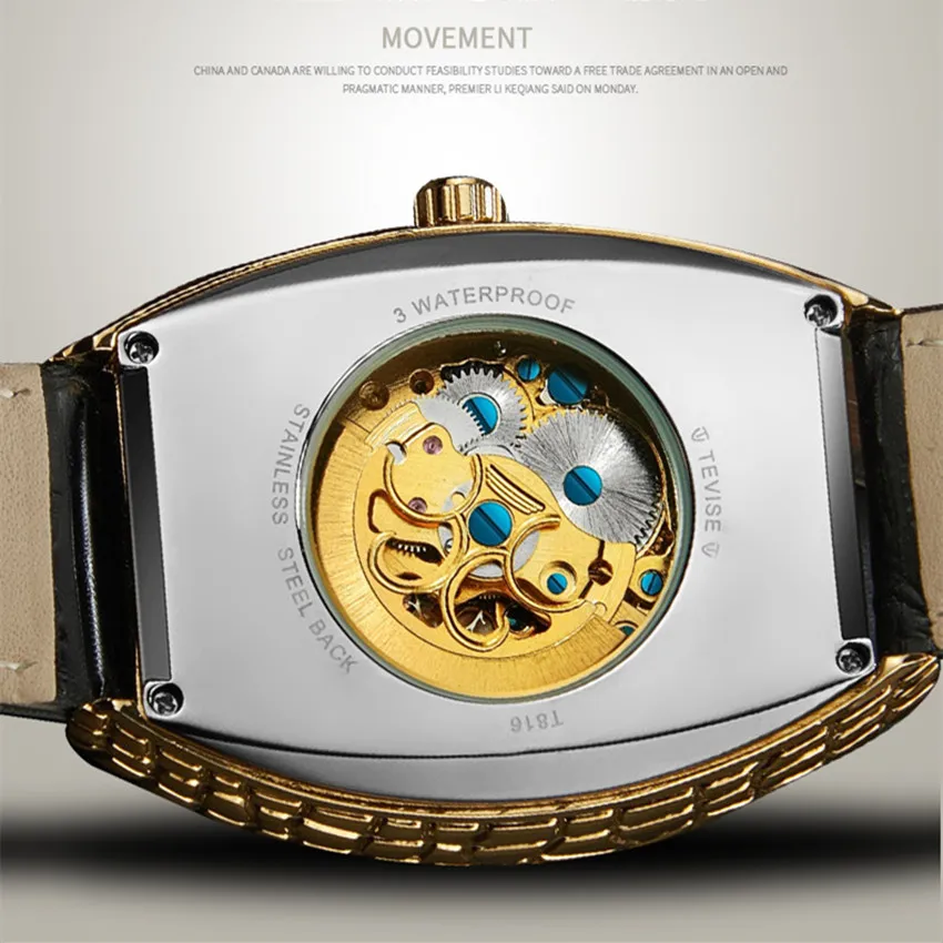 TEVISE orologio da uomo con quadrante quadrato design automatico cinturino in pelle orologio meccanico Tourbillon orologio sportivo militare223p
