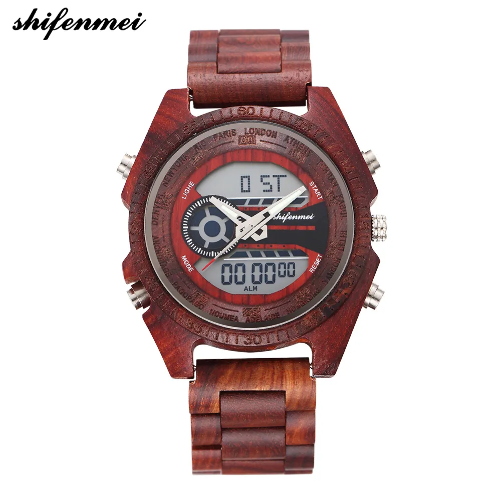 Shifenmei 2139 Antique Mens Zebra i Ebony Wood Watches z podwójnym wyświetlaczem Business Watch w drewnianym cyfrowym kwarcu zegarek Y190515238T