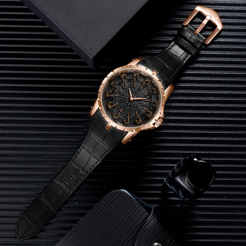 CWP Onola Fashion Luxury Watch Classic Brand Rose Gold Quartz Wristwatch Leather Waterproof Cool Style Color Man274U