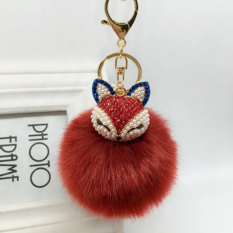 Winter Faux Rabbit Fur Ball Keychain with Rhinestone Fox Head Keyring Pompom Fluffy Key Chains Crystal For Women312P