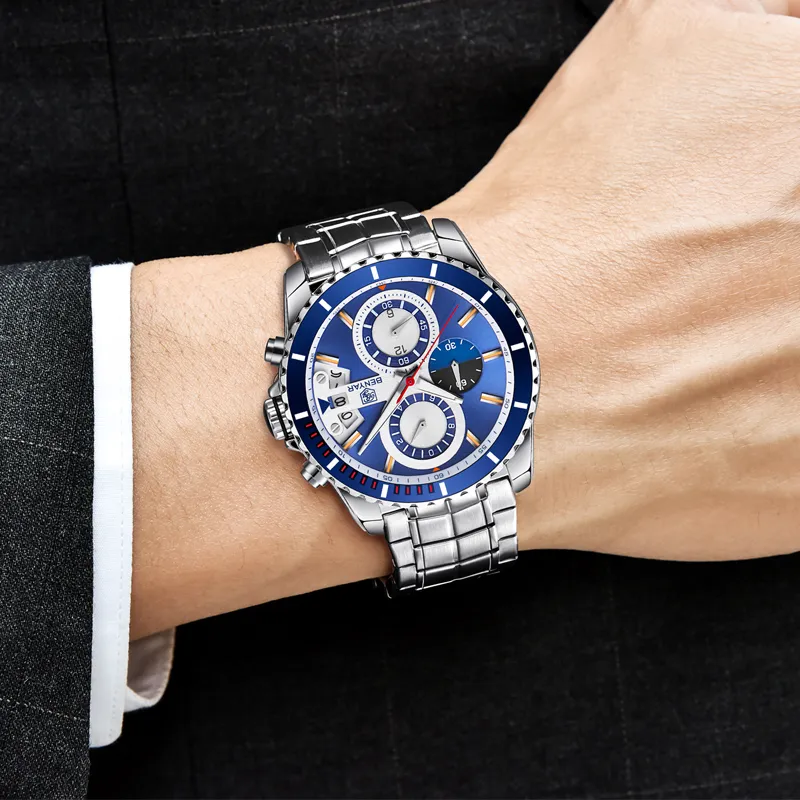 Benyar Fashion Business Dress Mens Watches Top Brand Luxury Chronograph Full Steel Waterproof Quartz Clock Support Drop282d