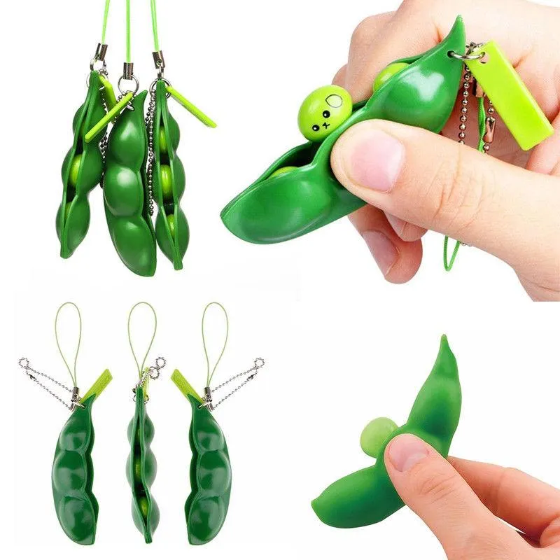 New Creative Extrusion Pea Bean Soybean Edamame Stress Relieve Toy Keychain Cute Fun Key Chain Ring Paty Gift Bag Charms Trinket176z