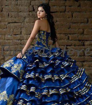 Königsblaue Luxus-Stickerei Quinceanera-Kleider Mexikanisches Vestidos de Quincea Ära elegantes Schatz-Rüschen Abgestufter formeller Abschlussball P225a