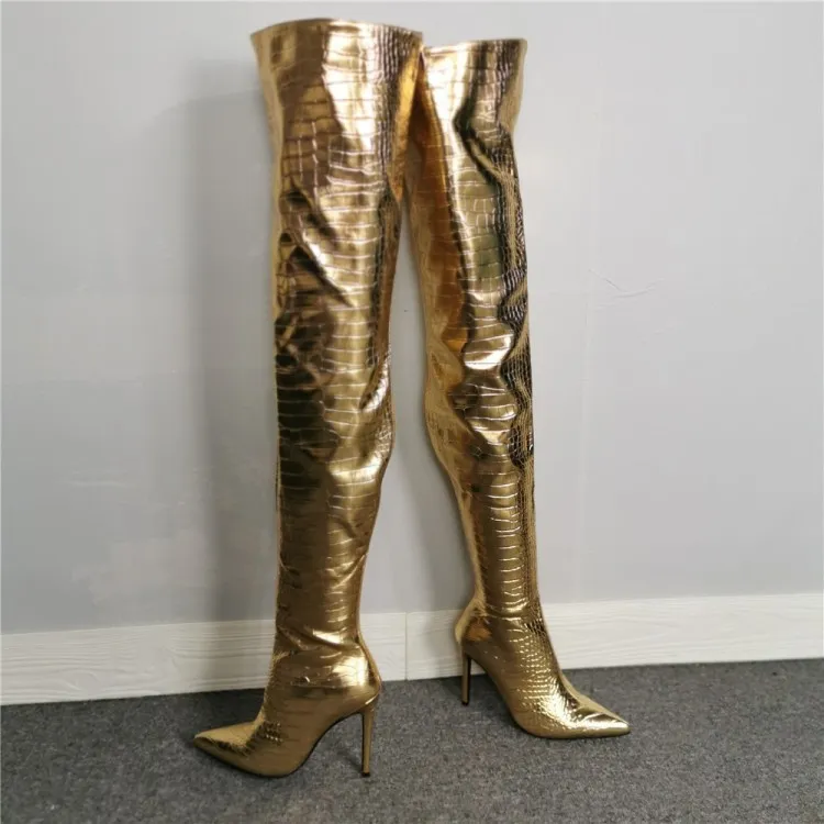 Olomm Fashion Women Thigh High Boots Stiletto High Heels Boots Pointed Toe Super Sexy Gold Night Club Shoes Women US Size 5-15