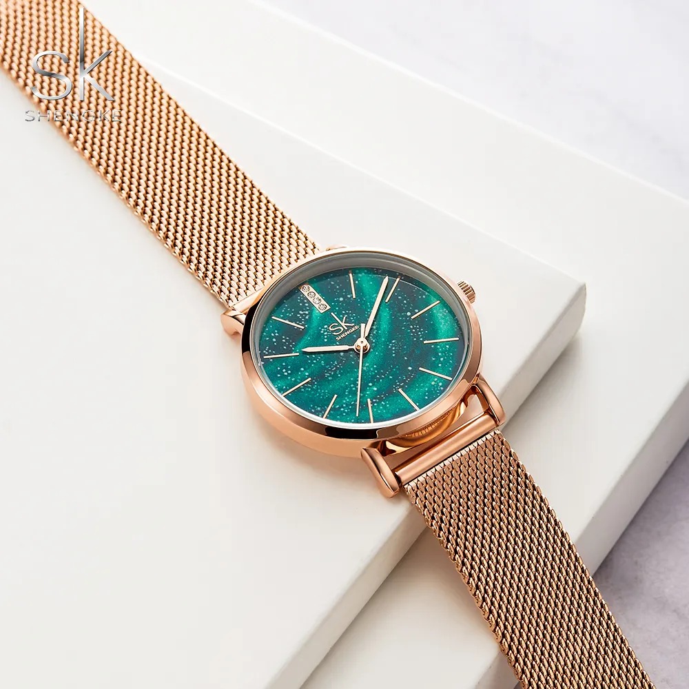 Shengke relógios femininos estrelado verde dial reloj mujer senhoras relógio de pulso ultra-fino pulseira de aço inoxidável quartzo montre femme gift235q