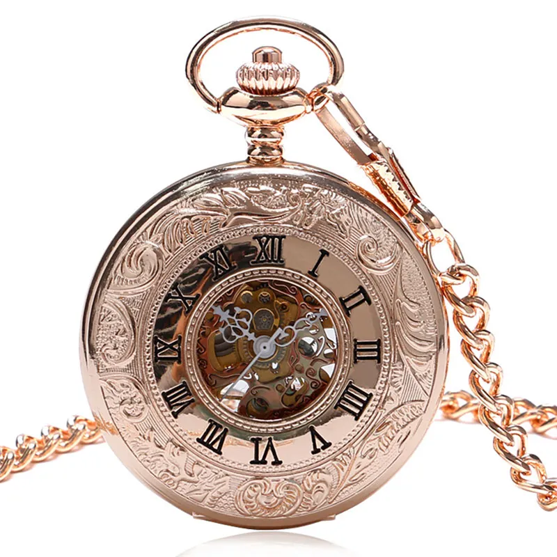 Классические стимпанк, цвет розового золота, механические карманные часы с ручным заводом, унисекс, римские цифры, часы-скелетон, подвеска-цепочка, Reloj d323p