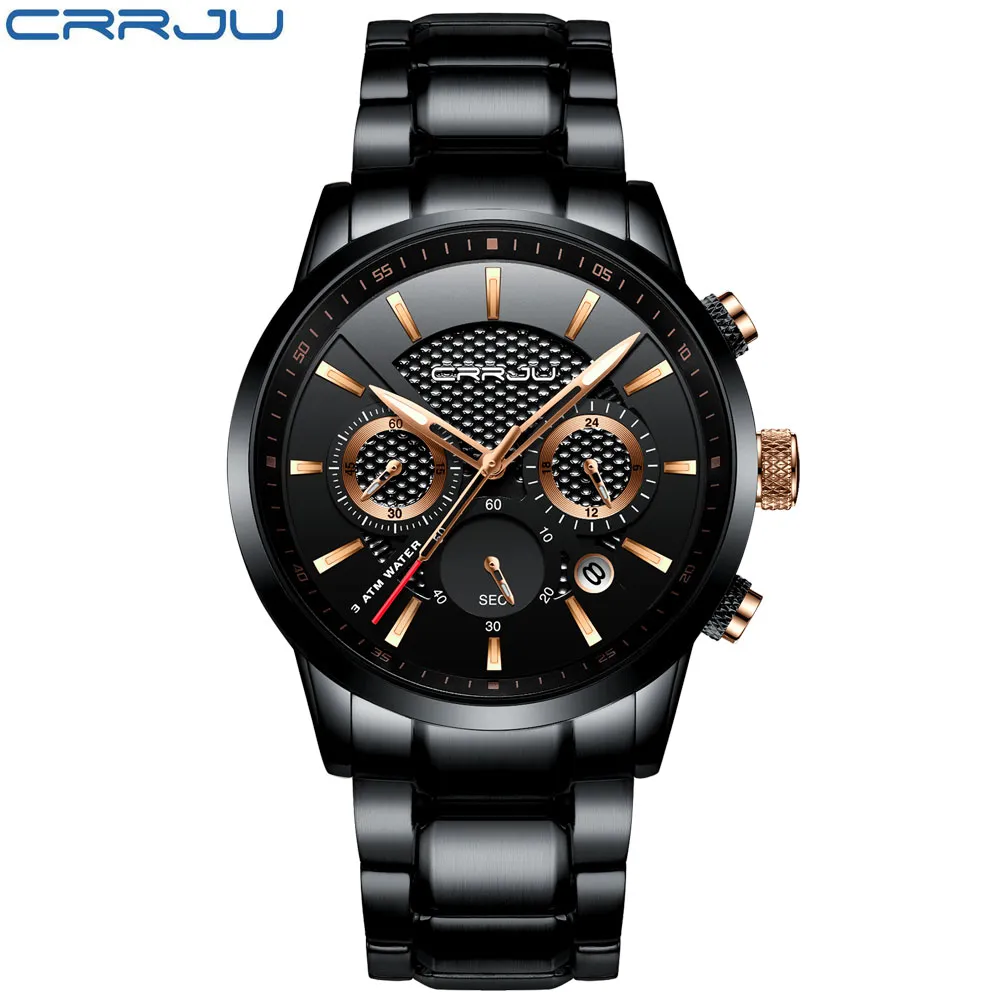 Crrju relógio masculino de quartzo, relógio de pulso de aço inoxidável à prova d'água com cronógrafo de pulso, relógio masculino hodinky204s