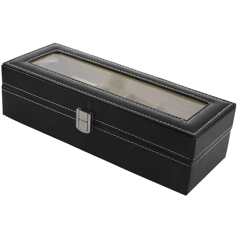 Titta på Case Leather Watch Box Jewelry Box Gift for Men 6 -fack - Black256D