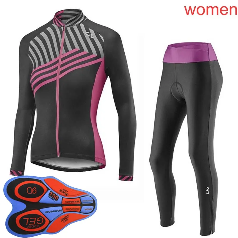 LIV 2018 Women Outdoor Sports Spring Spring Summer Bicycle Cycling Long Sleeves Jersey Bib Pants Sets 9D Gel Pad Mtb Clothing288T