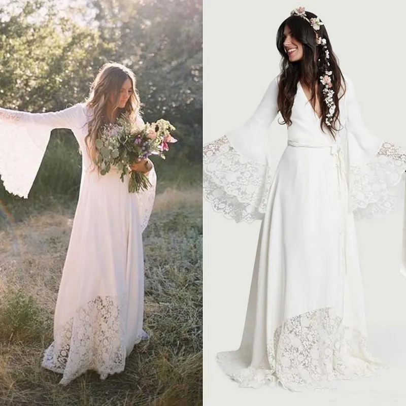 Boho Wedding Dresses Lace Chiffon Long Flare Sleeve V Neck Bohemian Bridal Gowns 2020 Elegant Beach Wedding Vestido De Noiva