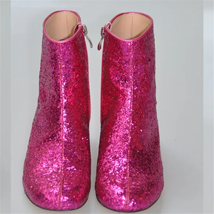 Rontic Women Glitter Ankel Boots Comfort Square Lågklackat Stövlar Rund Toe Gorgeous Fuchsia Party Shoes Women Plus US Size 5-15