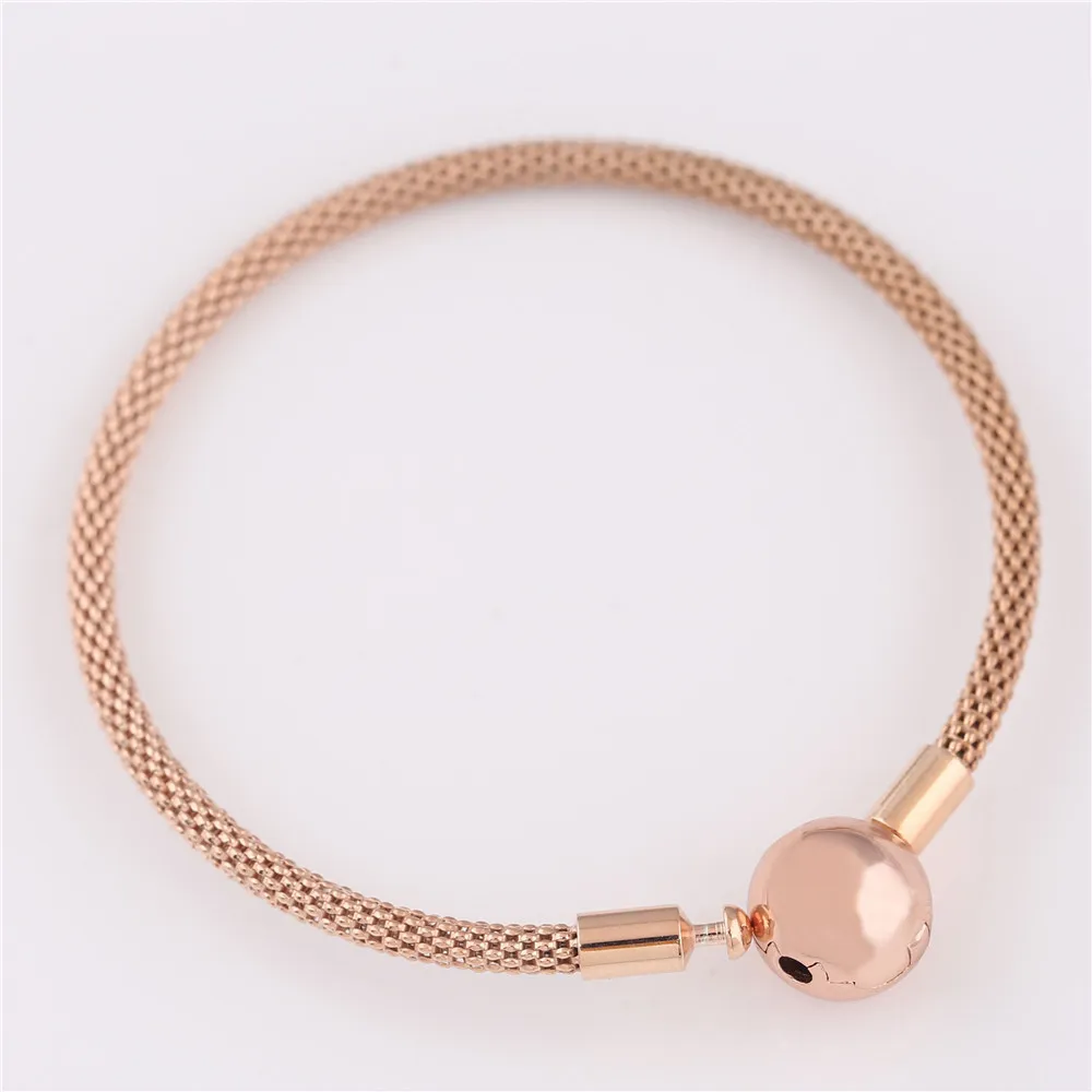 Original 925 prata esterlina pulseira rosa ouro cobra corrente básica bola fecho malha pulseira caber feminino grânulo charme moda jóias cx20268c