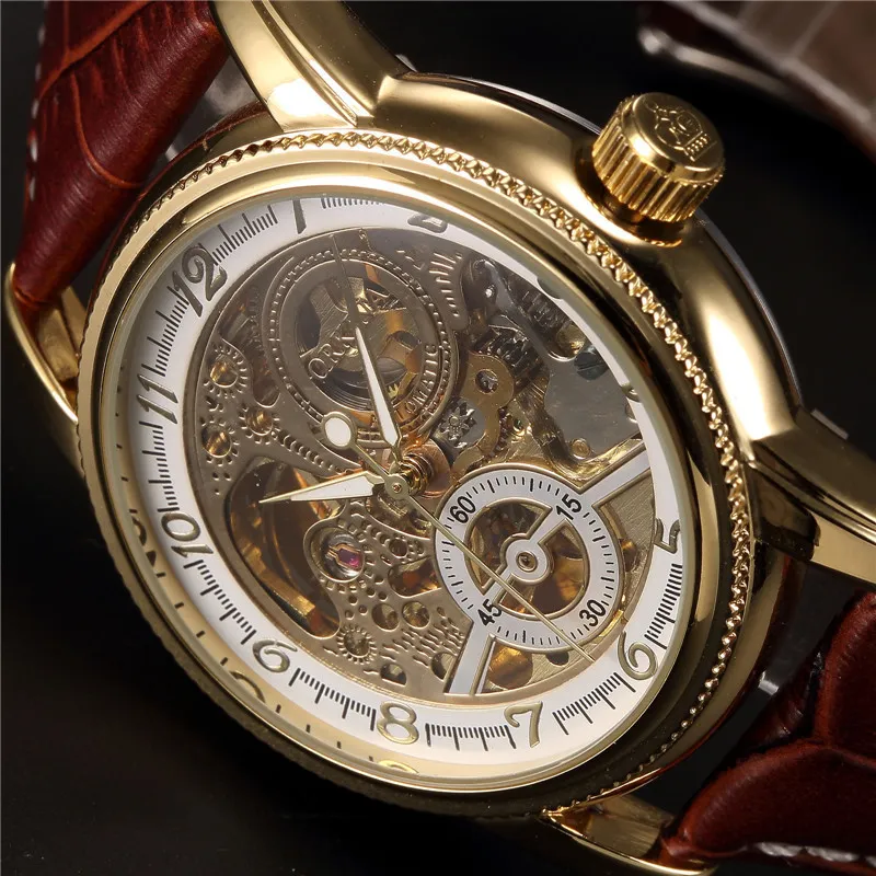Men Wrist Watches Luxury Golden Skeleton Mechanical Steampunk Male Clock Automatic Wristwatch Leather Strap Herren Horloges J19070294N