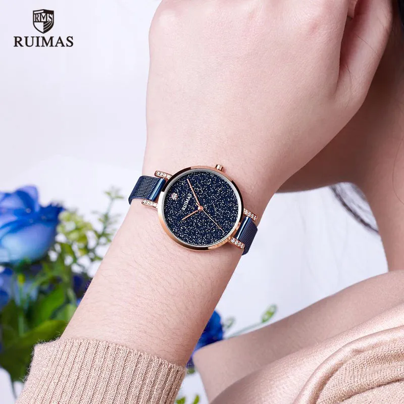 Ruimas Simple Analogue Dress Women's Watches Stainless Steel Mesh Strap Quartz Wrist Watches Lady Watch272M