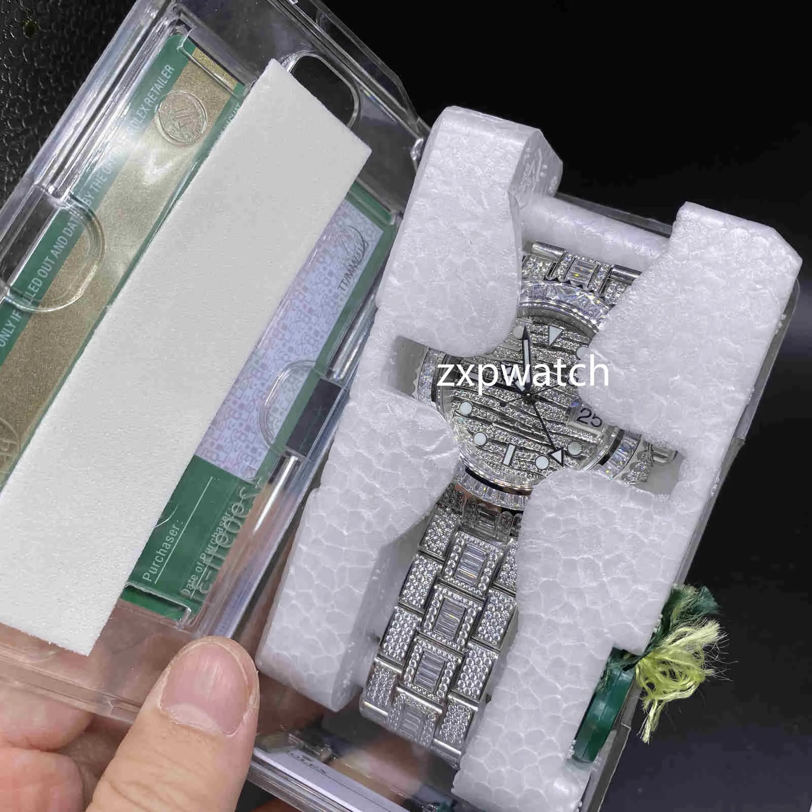 Hochwertige ETA2836-Herrenuhren, Iced Out-Diamantuhr, 40 mm, silbernes 904-Edelstahlgehäuse, Seite des Diamantgesichts, Uhr Auto191o