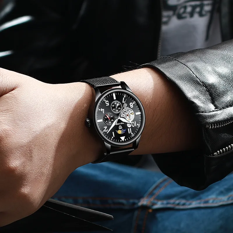 Nouveauté TEVISE hommes montre mécanique automatique entièrement en acier Tourbillon montre-bracelet phase de lune chronographe Clock210T