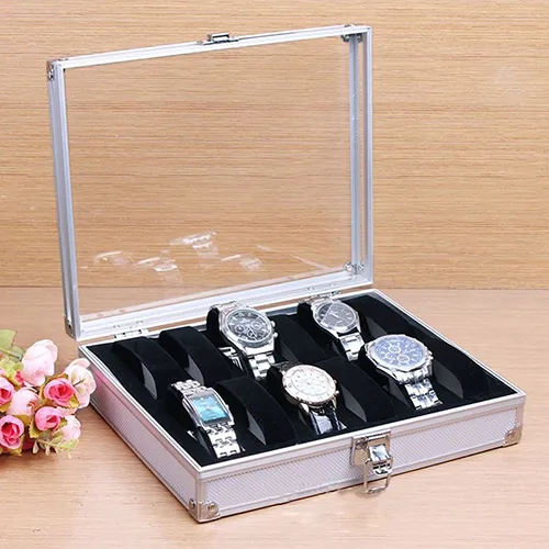 Grille fentes boîte de montre pratique lumière montre remontoir bijoux montres-bracelets support de boîtier affichage boîte de rangement en aluminium organise274H