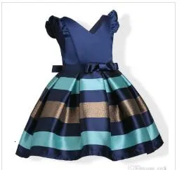 Fashion Puff Sleeves Mix Color Stripe Jacquard Party Dress for Girls Wedding Satin Europe and American Princess Dresses fit Years kids WY008