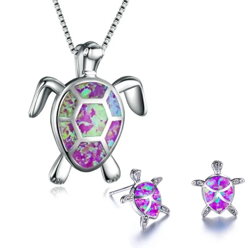 925 Sterling Silver Cute Turtle Pendant Necklace And Earrings Blue Fire Opal Filled Female Wedding Animal Jewelry Set311s