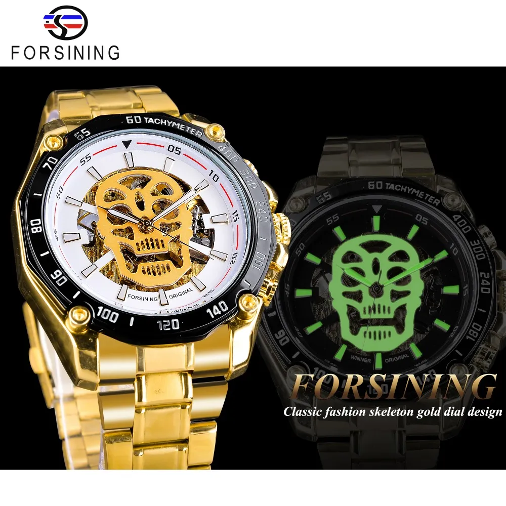 Forsining quadrante bianco moda design teschio orologio scheletro dorato lancette luminose orologi automatici da uomo top brand di lusso280q