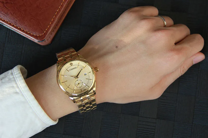 Chenxi Золотые часы Мужские роскошные деловые часы Золотые водонепроницаемые Уникальные модные повседневные кварцевые мужские часы в подарок 069ipg Y19062272A
