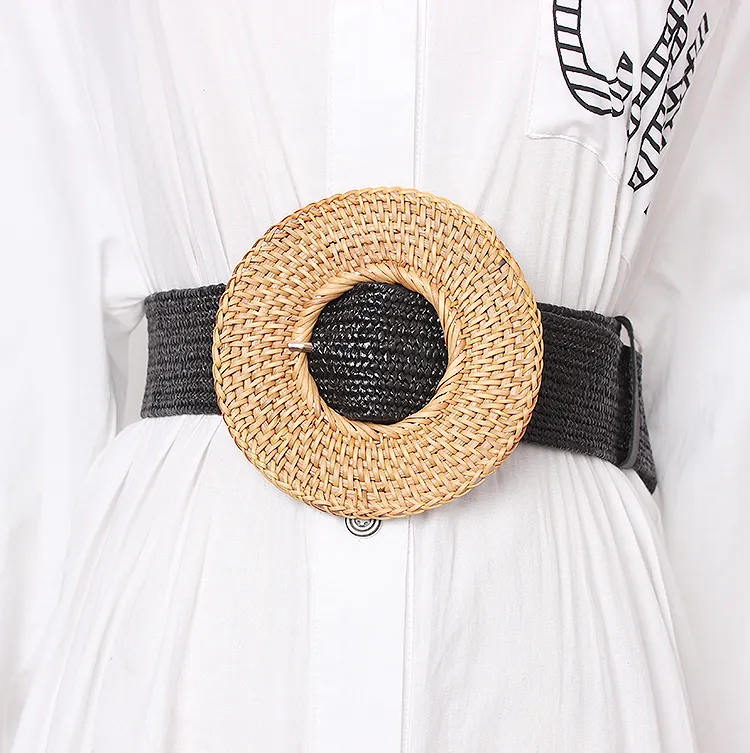 Cintura con fibbia in legno donna Casual femminile intrecciata cinturino largo Designer femminile tessuto ragazze Cinture elastiche in paglia PP BZ339 Y191218