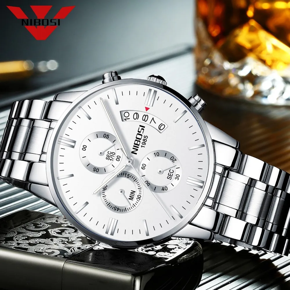 Relogio NIBOSI Роскошные известные лучшие бренды мужские серебристо-белые наручные часы водонепроницаемые кварцевые часы для мужчин Relogio Masculino325P