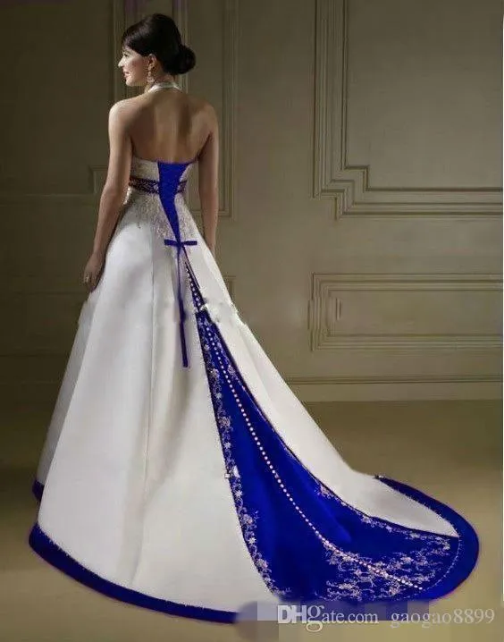 2019 Vintage White And Royal Blue Satin Beach Wedding Dresses Strapless Embroidery Chapel Train Corset Custom Made Bridal Wedding Gowns 231j
