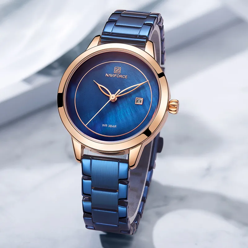 NAVIFORCE – montre-bracelet en acier inoxydable pour femmes, étanche, Simple, bleue, ensemble d'horloge pour filles, 2049