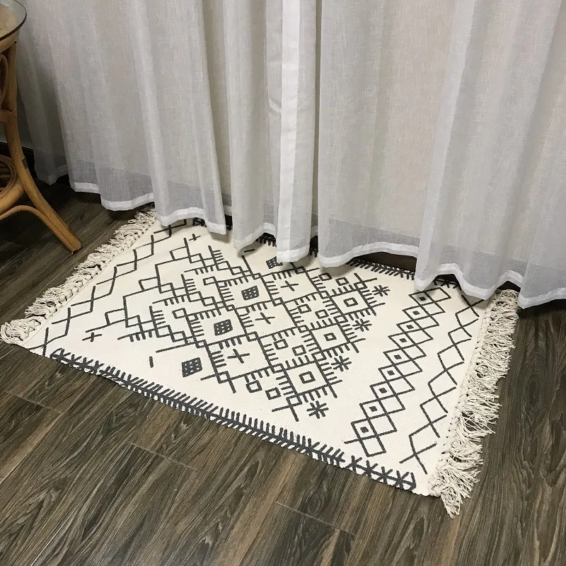 Marokko-Teppich aus handgewebter Baumwolle in Schwarz und Weiß für Wohnzimmer, Schlafzimmer, Küche, Flur, langlebig, maschinenwaschbar, mit Quasten, Teppich Mat1263J