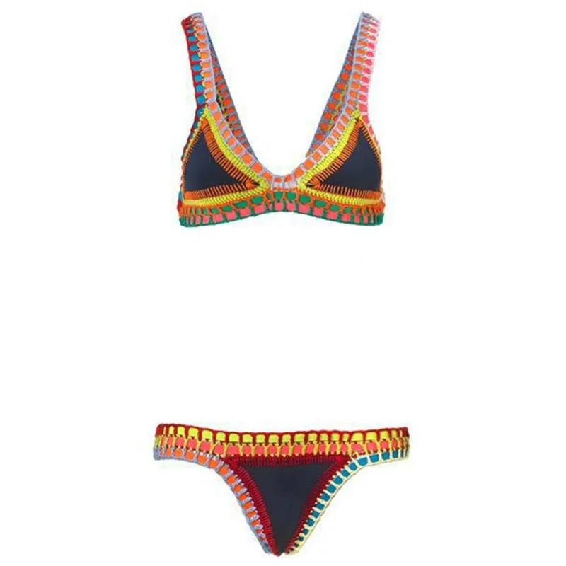 Bikini 2019 Hand Crocheted Bikini Knit Patchwork Women Swimwear Swimsuit Halter Top Maillot Biquini Bathing Suits Y19072601