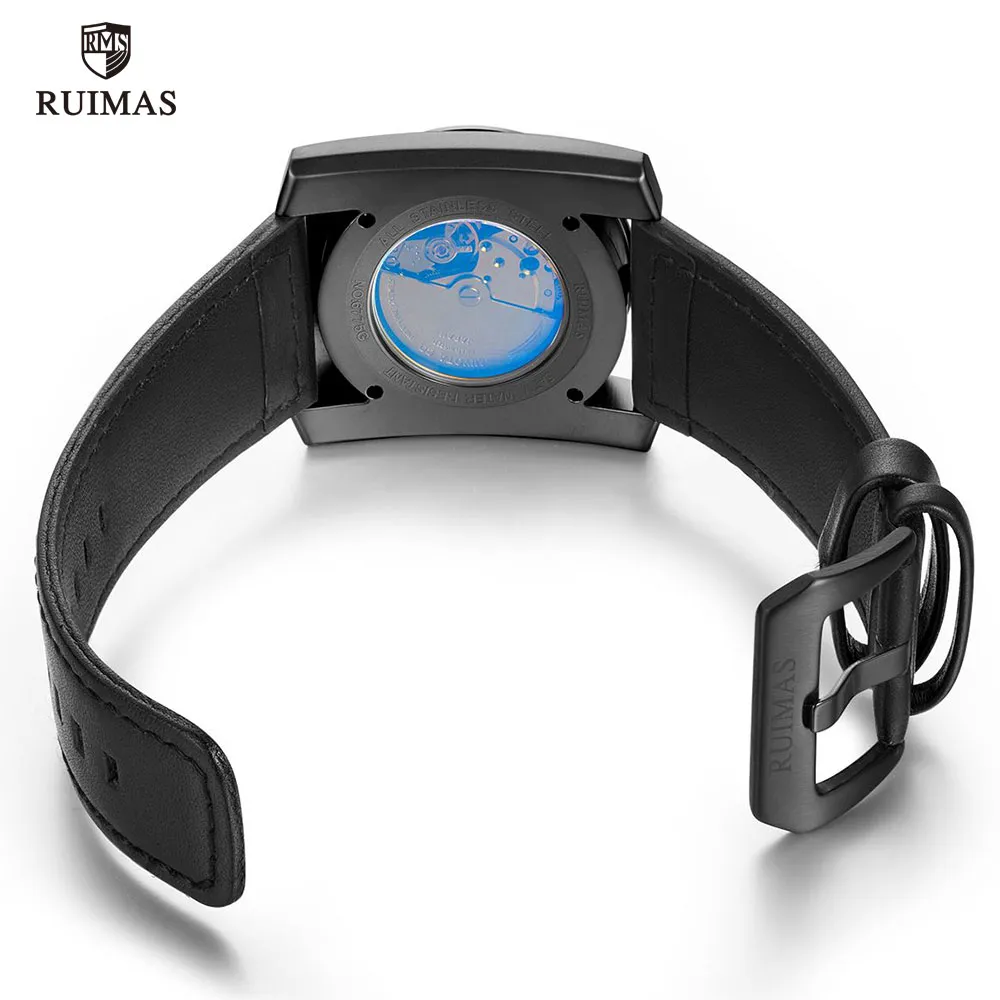 Ruimas Luxus-Automatikuhren für Herren, quadratisches Zifferblatt, analoge mechanische Uhr, schwarze Lederarmbanduhr, Relogios-Masculino-Uhr 67752589