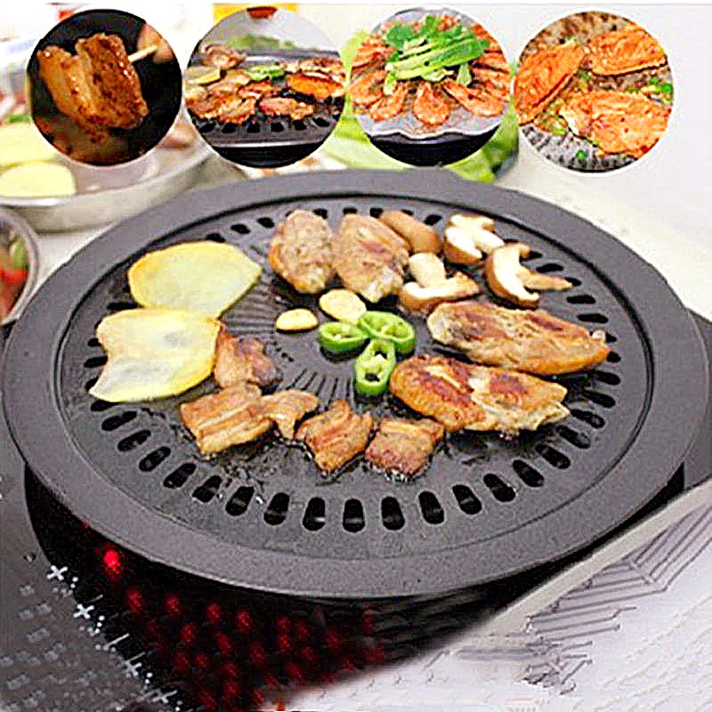 Korean Outdoor Barbecue Grill Antihaft-BBQ-Grills Runde Pfannengrills Leicht zu reinigender Kohlenstoffstahlgrill BBQ-Zubehör Werkzeuge T20292J