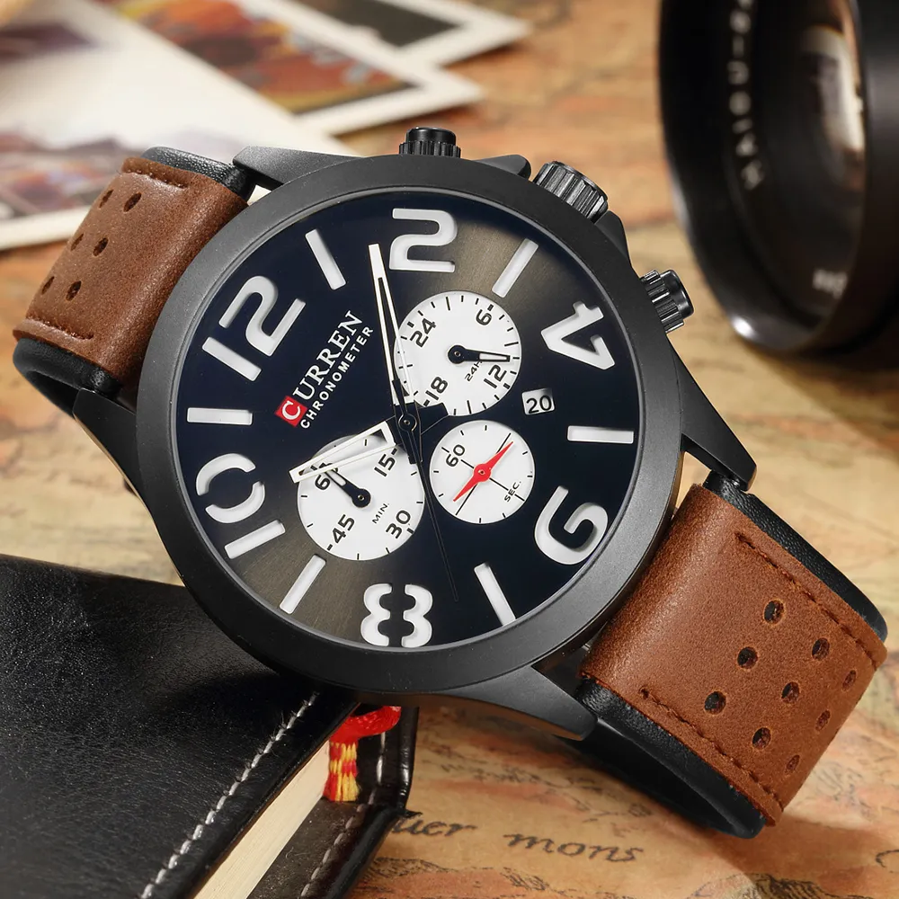 Men Watches Brand CURREN Unique Fashion Chronograph Quartz Wristwatch Leather Strap Display Date Waterproof Clock Relojes205s