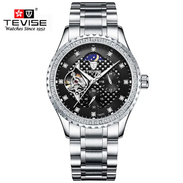 TEVISE Luxus Männer Edelstahl Band Automatische Uhr Mode Männer Mondphase Diamant Leucht Mechanische Clock264j