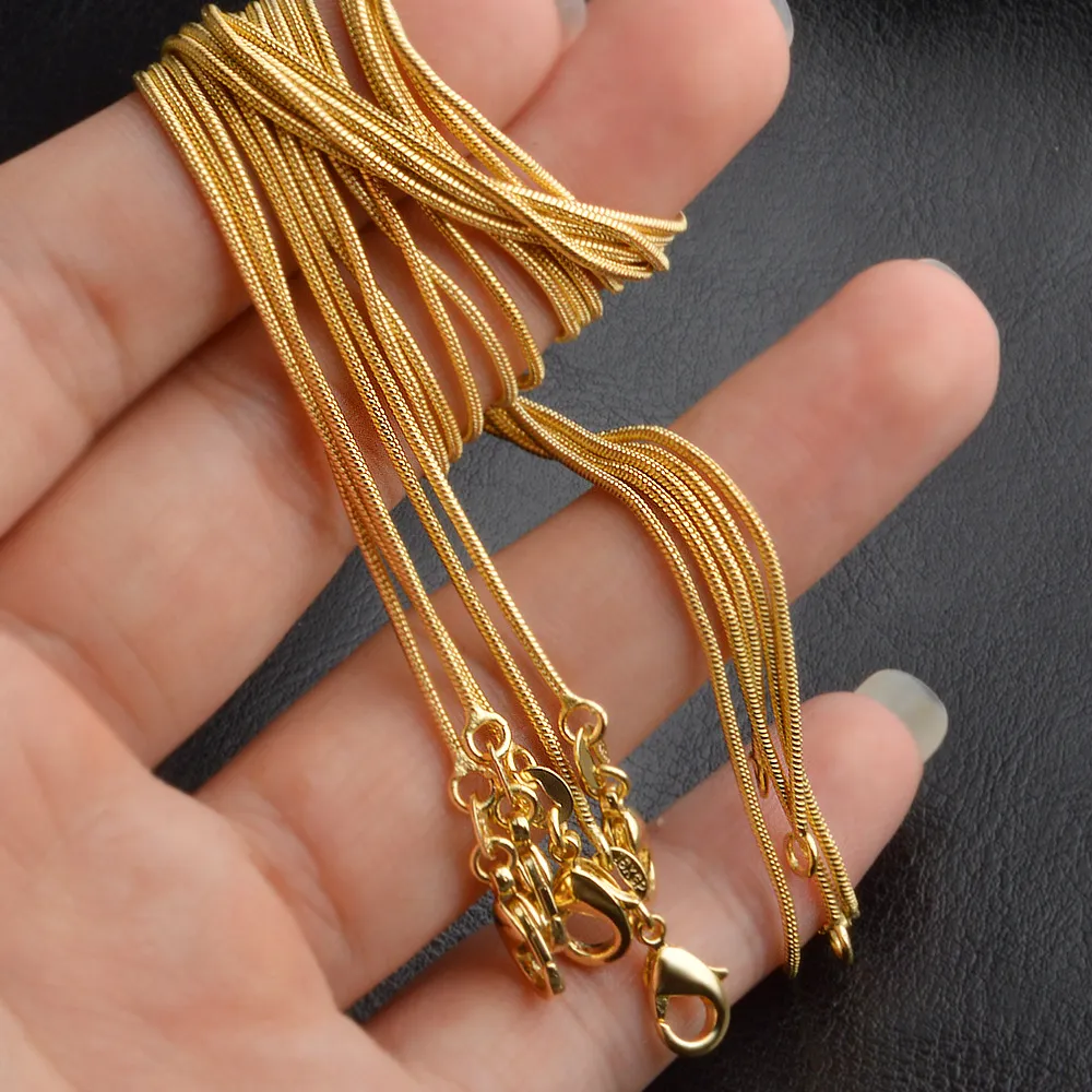 18K Gold Chain Necklace 1mm 16in 18in 20in 22in 24in 26in 28in 30in Blandad slät ormkedja halsband unisex halsband HJ269256W