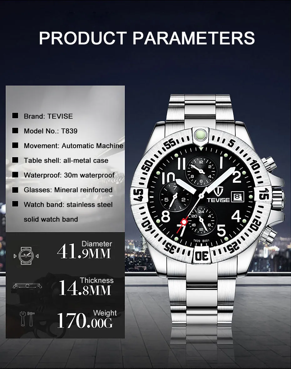 TEVISE orologio di lusso da uomo di marca orologio meccanico automatico da uomo in acciaio inossidabile scheletro orologio da polso impermeabile Relogio Masculino BOX202U
