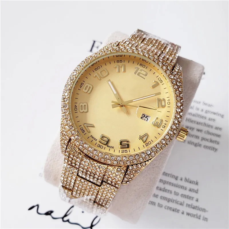 Хорошее качество, модные брендовые часы, мужские полностью кристаллические стильные ремешки из нержавеющей стали, календарь, дата, кварцевые наручные часы X86324j