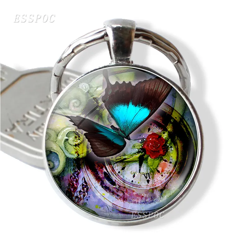 Butterfly and Clock Keychain Romantic Jewelry Butterfly Picture Glass Donme Pendant Metal Keyring Fashion Accessories for Women2910628