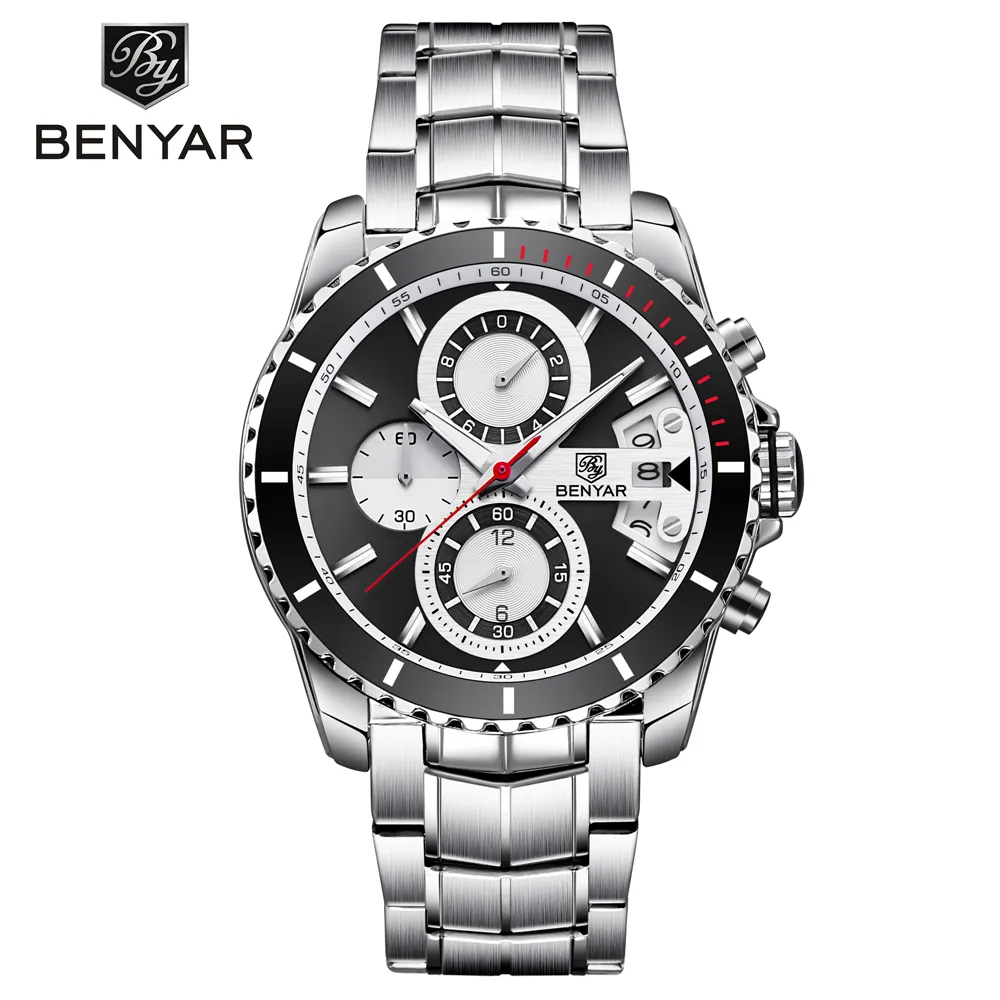 BENYAR модные деловые мужские часы лучший бренд класса люкс хронограф полностью стальные водонепроницаемые кварцевые часы с поддержкой Drop169G