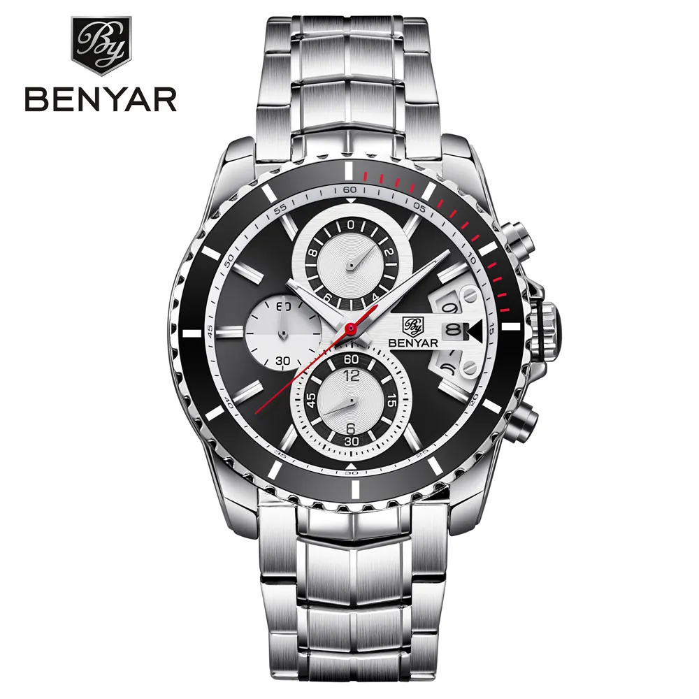 BENYAR, moda, vestido de negocios, relojes para hombre, marca superior, cronógrafo de lujo, reloj de cuarzo resistente al agua de acero completo, soporte Drop301D