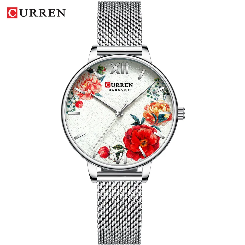 Mode tendance fleur en cuir montres CURREN classique noir montre-bracelet femme horloge dames montre à Quartz relogios feminino255l