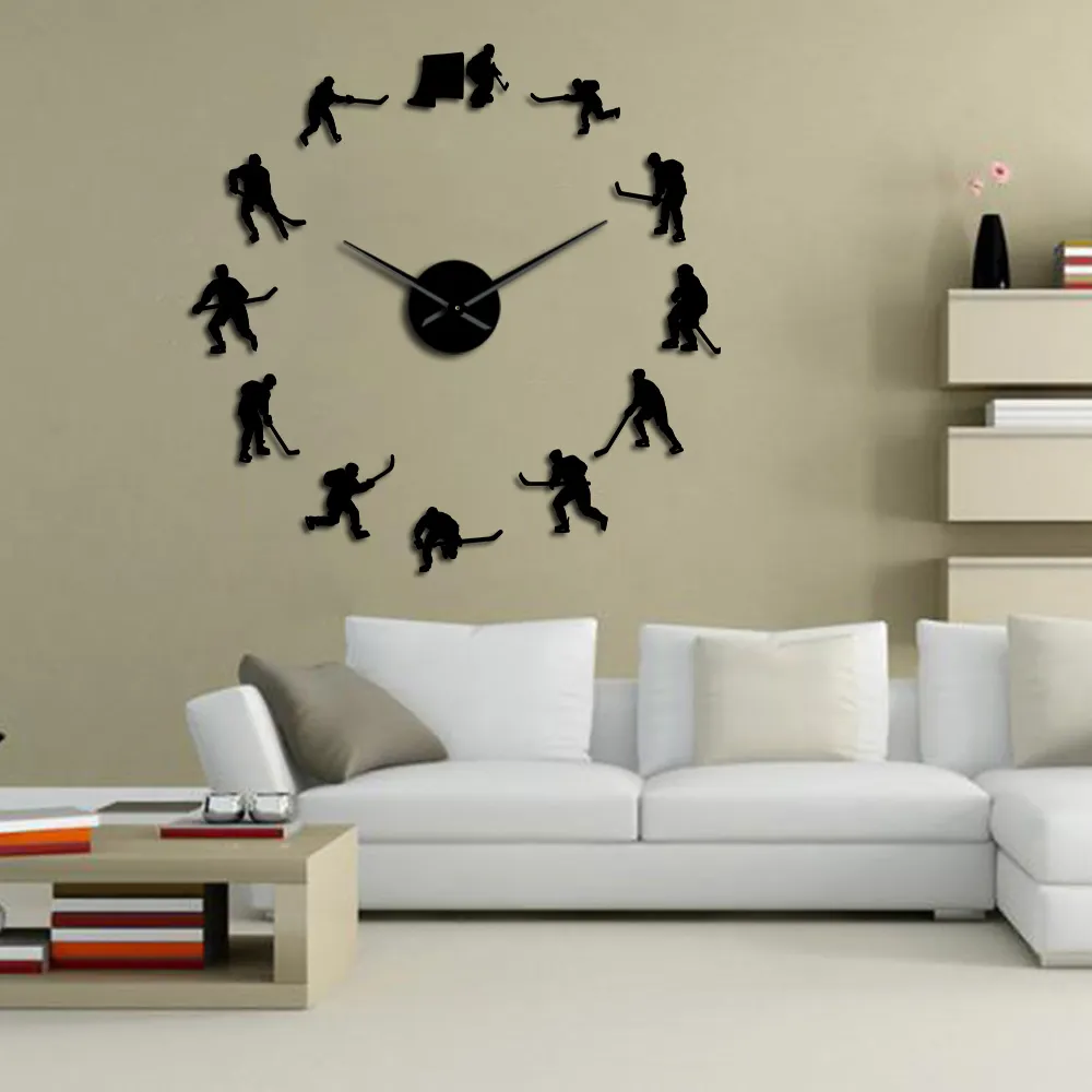 Hockey Appeso A Parete Sport Wall Art Adesivi FAI DA TE Grande Orologio Giocatori di Hockey Su Ghiaccio Decorazioni La Casa Orologio Senza Cornice Regalo Man215d