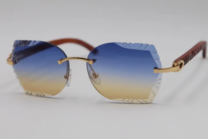 Designer Mens Women Rimless Sunglasses T8200762 Carved Wood Trimming Lens glasses Unisex Sunglasses display hooks263M