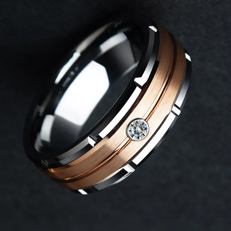 Nueva moda 8 mm anillo de carburo de tungsteno para hombre oro rosa cepillado diamante boda banda EE.UU. tamaño 6-133108