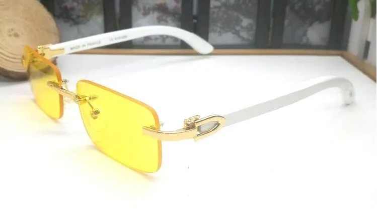 Neue Ankunft Frauen Herren Sonnenbrille Holz weiß Büffelhorn Brille rahmenlose Brillen Gold mit Box blau rosa gelb rot299M