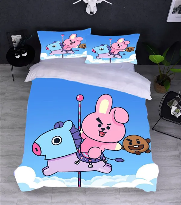 Cartoon BTS 3D Design Bedding Set Microfiber Duvet Cover Set Teens Girls Boys Comforter Cover and Pillowcases with Zipper Closure 280y