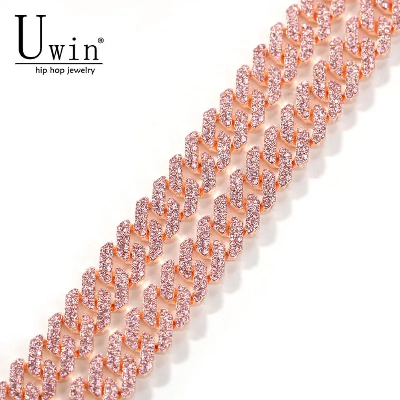 Uwin S-Link Miami Gold Rose Gold 12mm Cuban Link Pink Rhinestone Necklace Chain Full Bling Punk Bling Charm Hiphop Jewelry1300A1300A