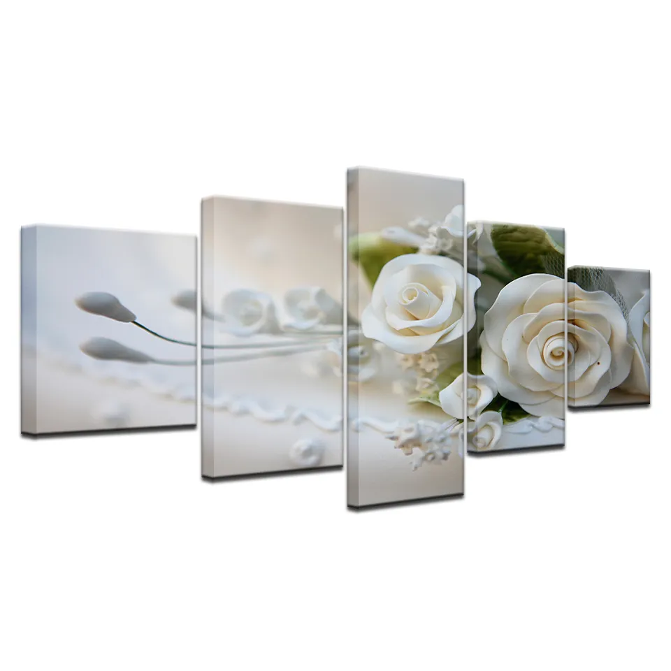Sälj 5 -delad väggkonstbild på duk tryckt målning Modern modulär bild Massor av blommor Vit ros med ram6950992